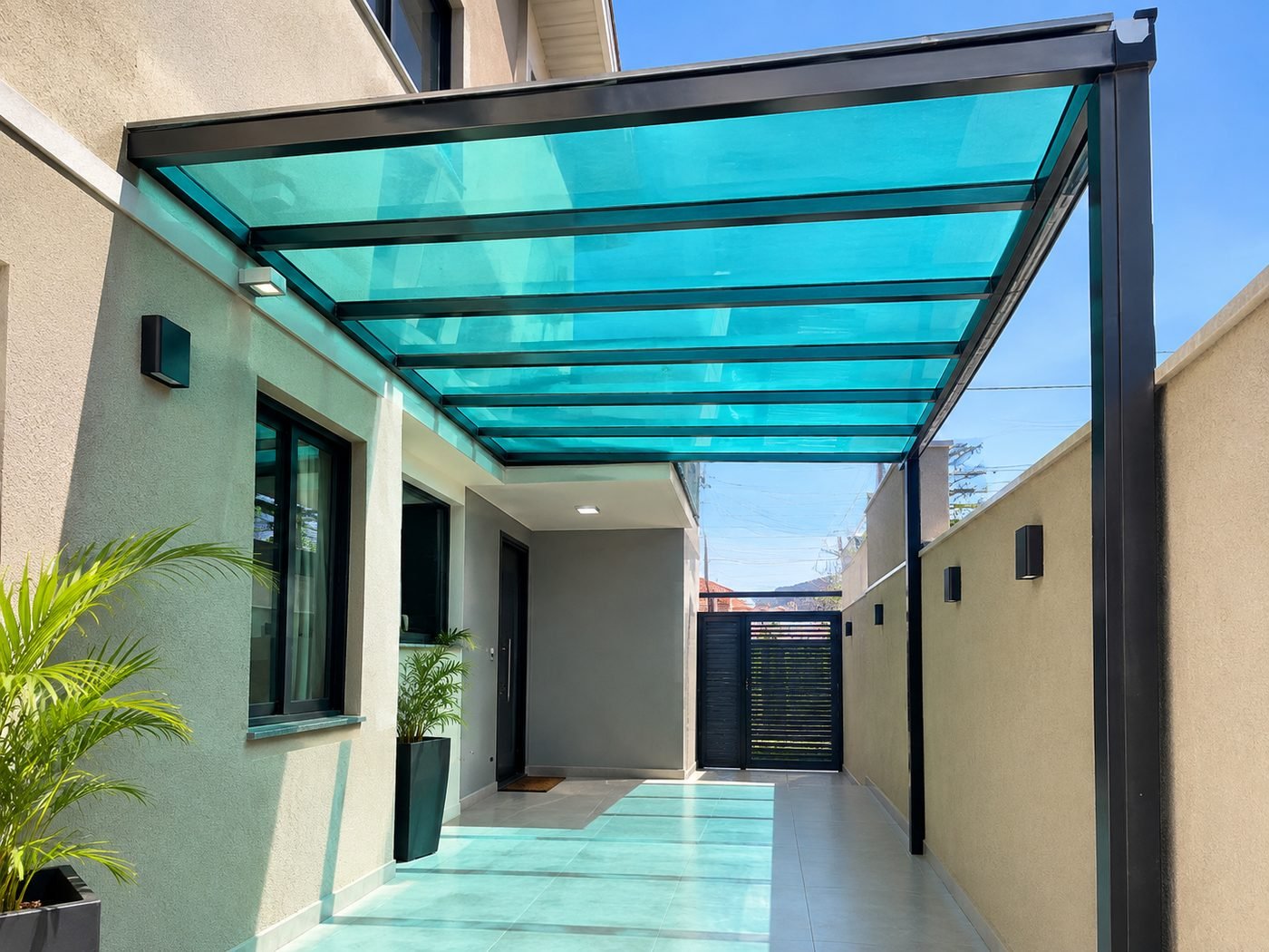 Cobertura de vidro verde-água sobre o corredor de entrada de uma casa