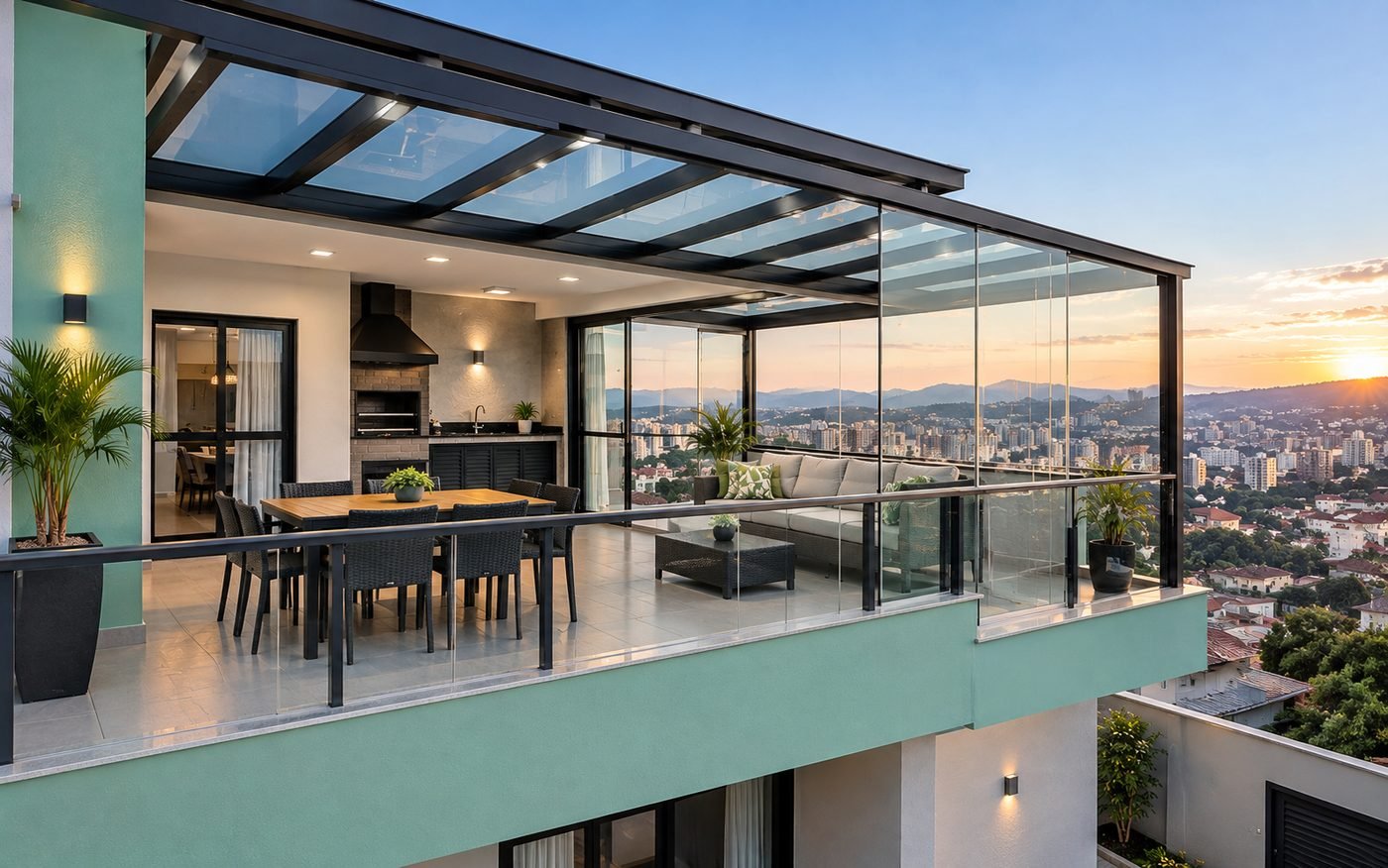 Terraço gourmet com cobertura de vidro e vista para a cidade ao entardecer
